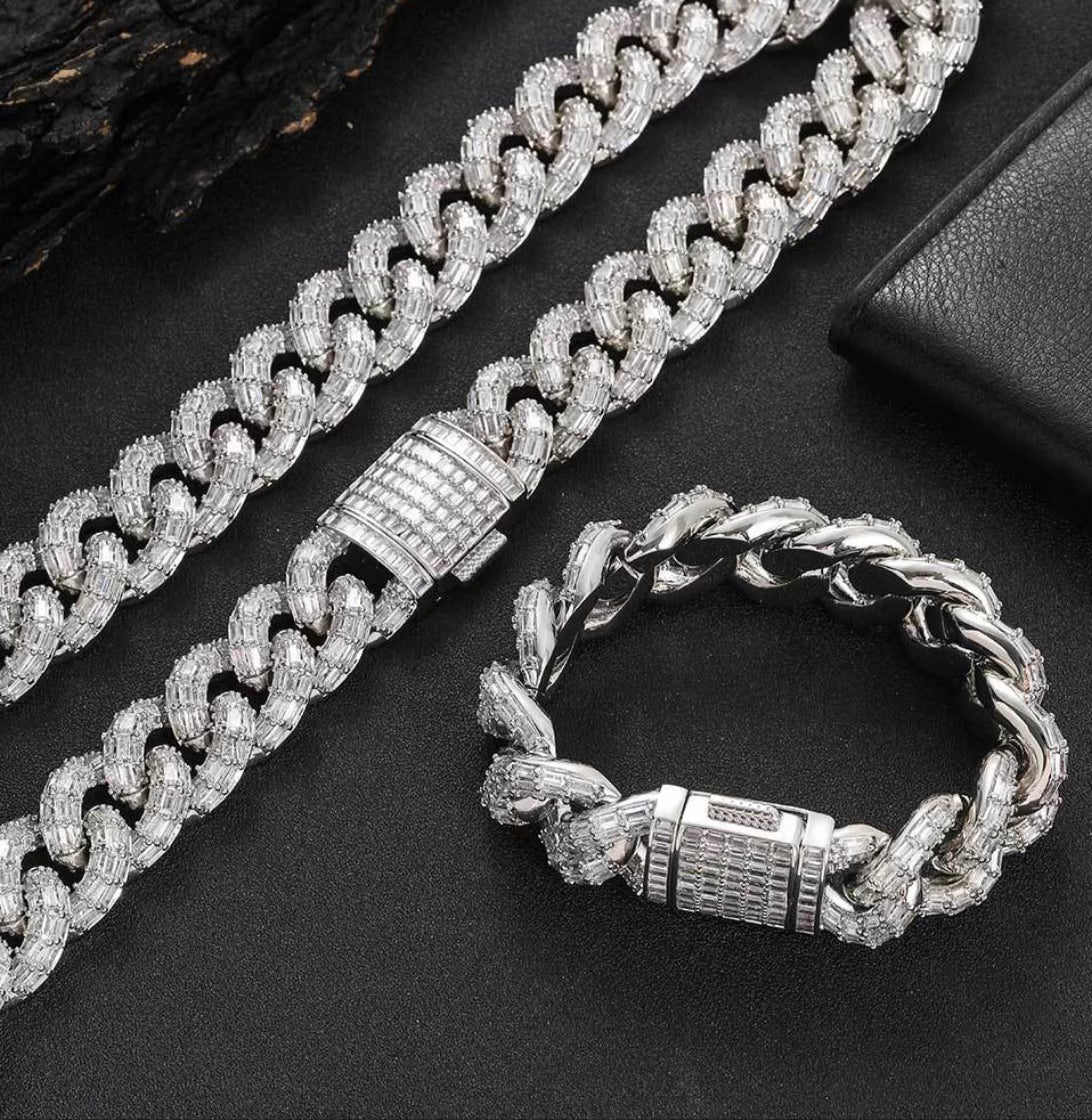 Iced Cuban Chain Link Bracelet With Baguette Stones