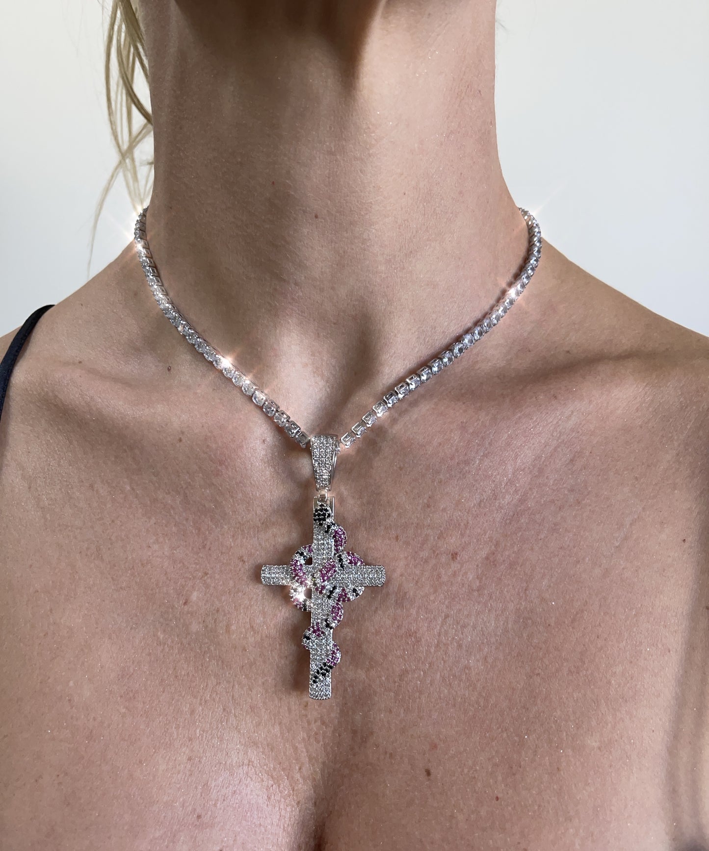 Iced Out Cross Snake Pendant Necklace